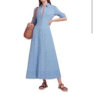 STAUD Joan Light Wash Denim Shirt Dress Maxi Short Sleeve Blue Western Women’s 2